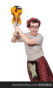 Funny scotsman with violin on white