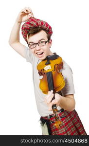 Funny scotsman with violin on white