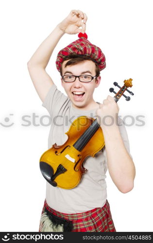 Funny scotsman with violin on white