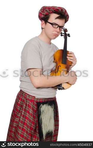 Funny scotsman with violin on white