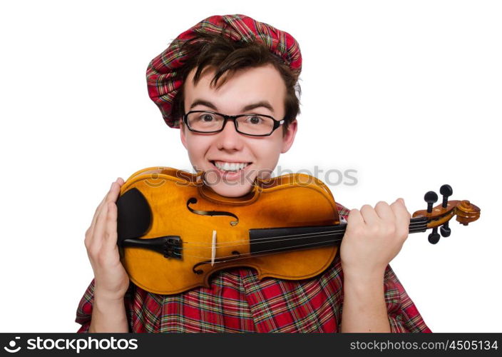 Funny scotsman with violin on white