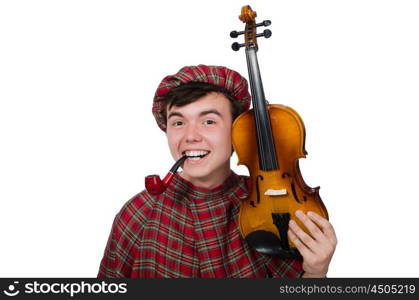 Funny scotsman with violin on white