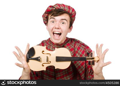 Funny scotsman with violin on white