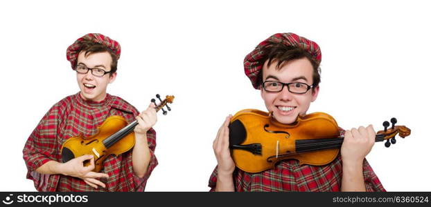 Funny scotsman with violin on white