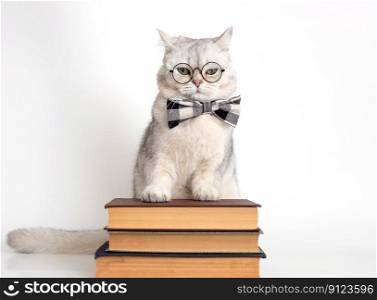 Funny serious white cat in a gray bow tie and glasses, standing on a stack of books, isolated. Copy space. Funny serious white cat in a bow tie and glasses, standing on a stack of books, isolated