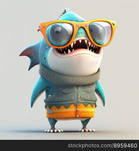 Funny shark with dangerous teeth wearing cool clothes and sunglasses on a colorful background. Generative AI