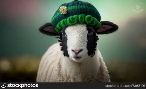 Funny sheep wearing a hat decorated with a shamrock on a blurred background. Animal celebrating Saint Patrick day. Generative AI