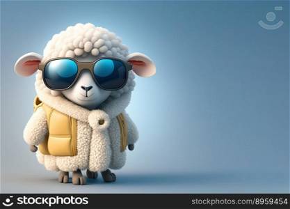 Funny sheep wearing a hot coat and sunglasses on a colorful background. Generative AI