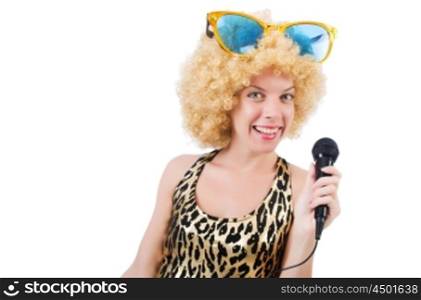 Funny singer woman with mic and sunglasses isolated on white
