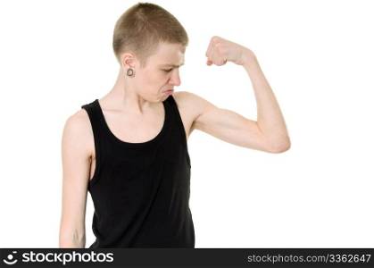 funny skinny teen shows biceps