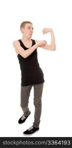 funny skinny teen shows biceps isolated on white background
