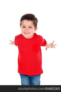 Funny small child with dark hair and black eyes crossing his arm. Funny small child with dark hair and black eyes crossing his arms isolated on a white background