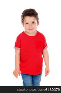Funny small child with dark hair and black eyes crossing his arm. Funny small child with dark hair and black eyes crossing his arms isolated on a white background