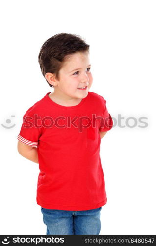 Funny small child with dark hair and black eyes crossing his arm. Funny small child with dark hair and black eyes crossing his arms isolated on a white background