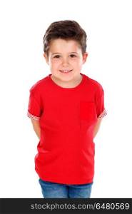 Funny small child with dark hair and black eyes crossing his arm. Funny small child with dark hair and black eyes crossing his arms isolated on a white background