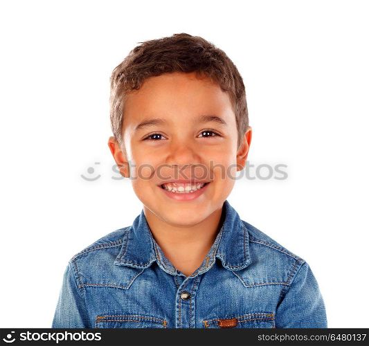 Funny small child with dark hair and black eyes crossing his arms isolated on a white background
