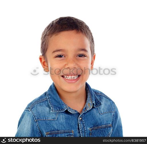 Funny small child with dark hair and black eyes isolated on a white background