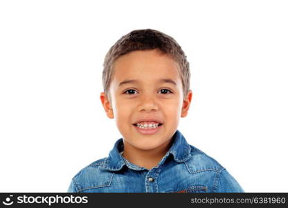 Funny small child with dark hair and black eyes isolated on a white background