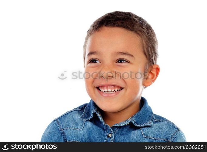 Funny small child with dark hair and black eyes isolated on a white background