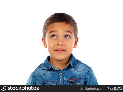 Funny small child with dark hair and black eyes isolated on a white background