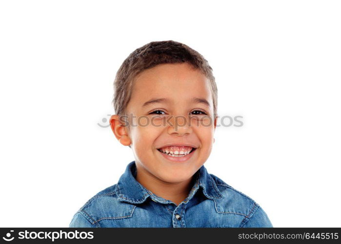 Funny small child with dark hair and black eyes isolated on a white background