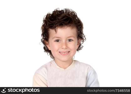 Funny small child with dark hair and brown eyes isolated on a white background