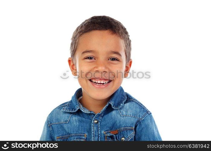 Funny small child with denim t-shirt isolated on a white background