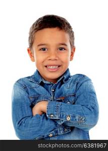 Funny small child with denim t-shirt isolated on a white background