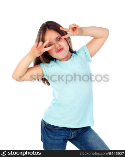Funny small girl posing like a fashion woman isolated on a white background