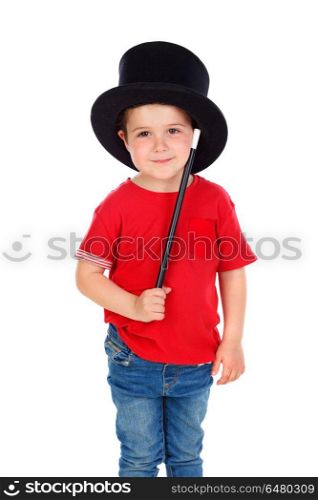Funny small magician with a top hat and a magic wand. Funny small magician with a top hat and a magic wand isolated on a white background