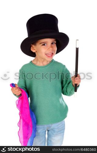 Funny small magician with a top hat and a magic wand . Funny small magician with a top hat and a magic wand isolated on a white background