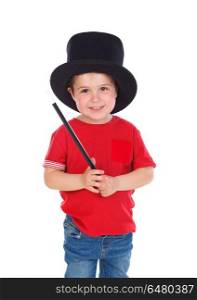 Funny small magician with a top hat and a magic wand. Funny small magician with a top hat and a magic wand isolated on a white background