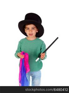 Funny small magician with a top hat and a magic wand . Funny small magician with a top hat and a magic wand isolated on a white background
