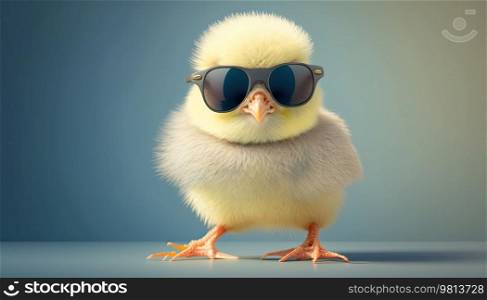 Funny small yellow chick wearing sunglasses on a colorful background. Generative AI