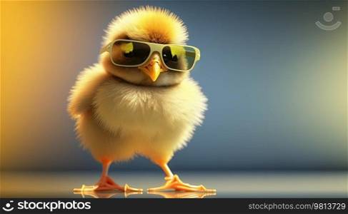 Funny small yellow chick wearing sunglasses on a colorful background. Generative AI