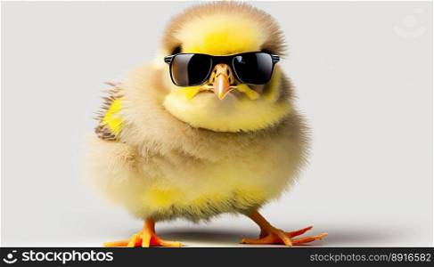 Funny small yellow chick wearing sunglasses on a white background. Generative AI
