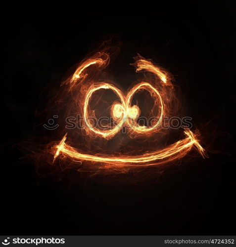 Funny smile icon. Glowing light smiley symbol on dark background