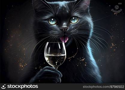 Funny smiling black cat, symbol of new year, cat celebrating at festival event with glass of h&agne, party time concept. Cat celebrating, party time
