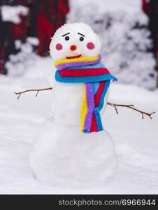  funny snowman with a colorful scarf and a sad face, close up