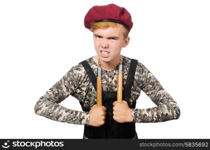 Funny soldier in military concept isolated on the white