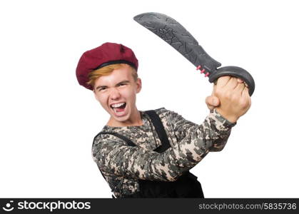 Funny soldier in military concept isolated on the white