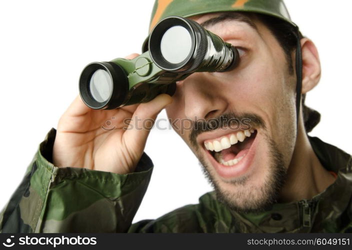 Funny soldier with binoculars