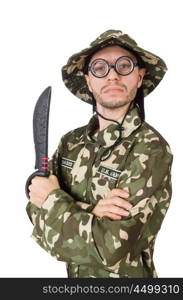 Funny soldier with knife on white