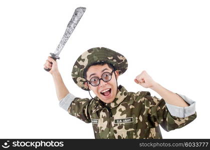 Funny soldier with knife on white