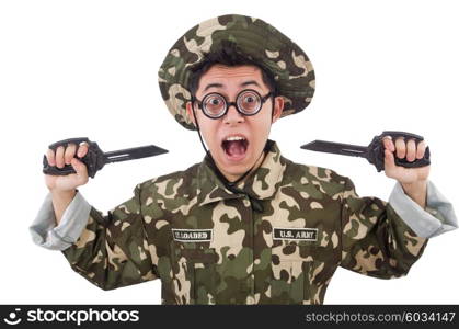 Funny soldier with knife on white