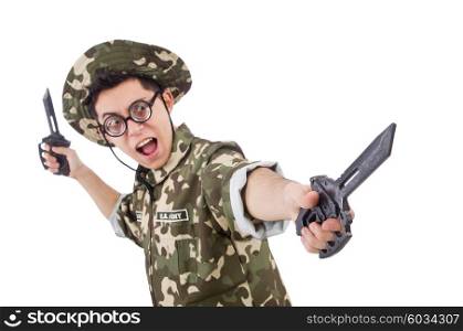 Funny soldier with knife on white