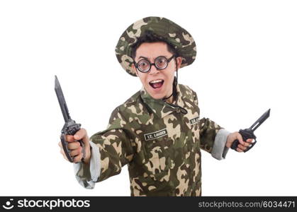 Funny soldier with knife on white