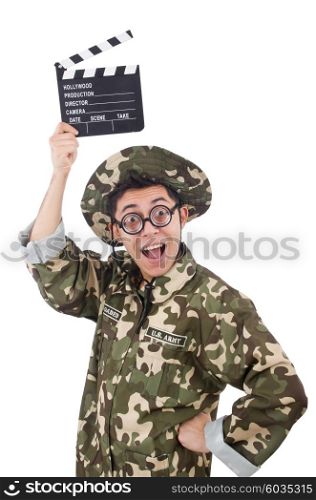 Funny soldier with movie board isolated on the white
