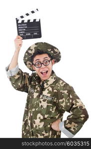 Funny soldier with movie board isolated on the white