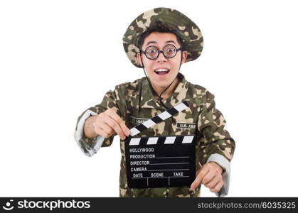 Funny soldier with movie board isolated on the white